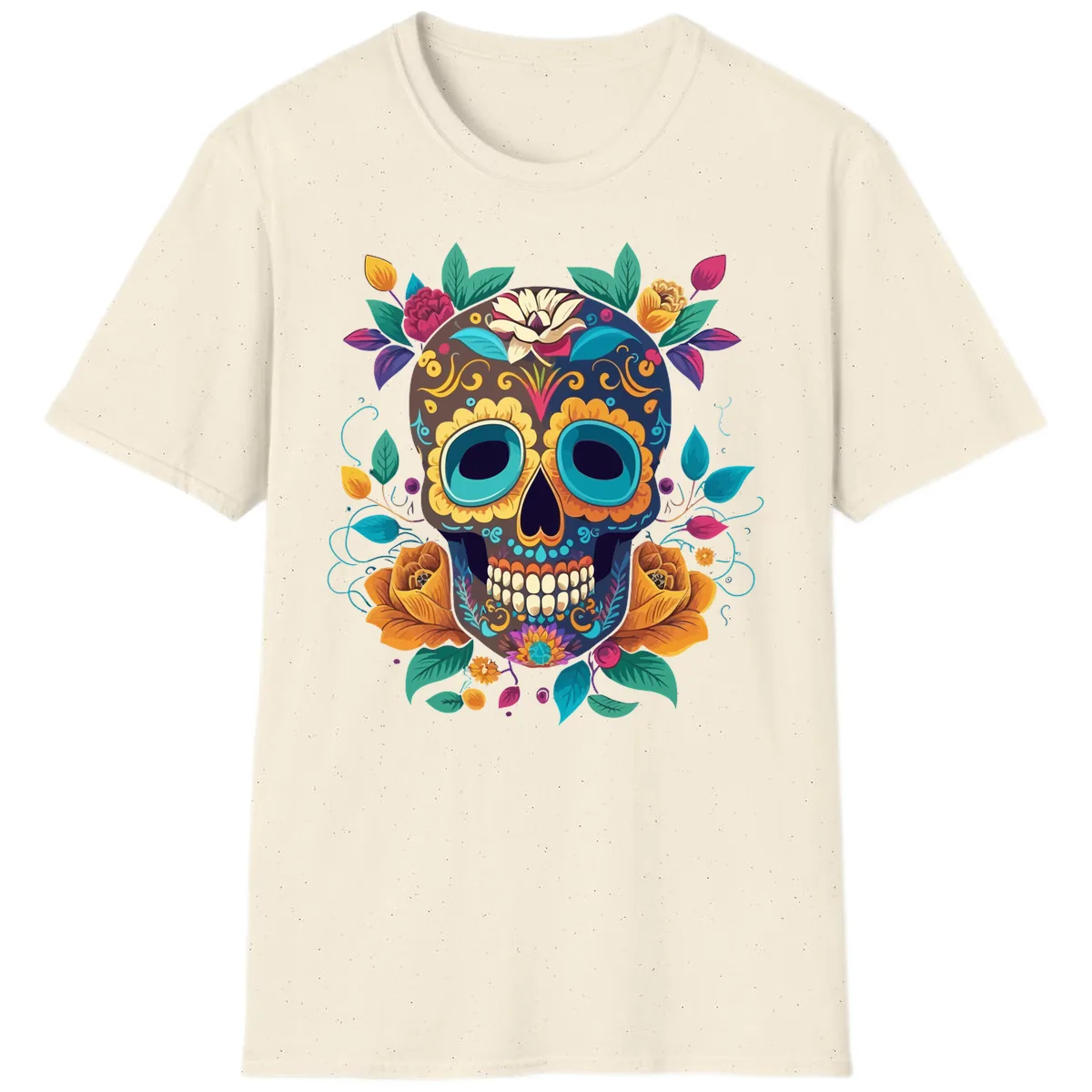 Vibrant Floral Sugar Skull Calavera Art T-Shirt in Natural