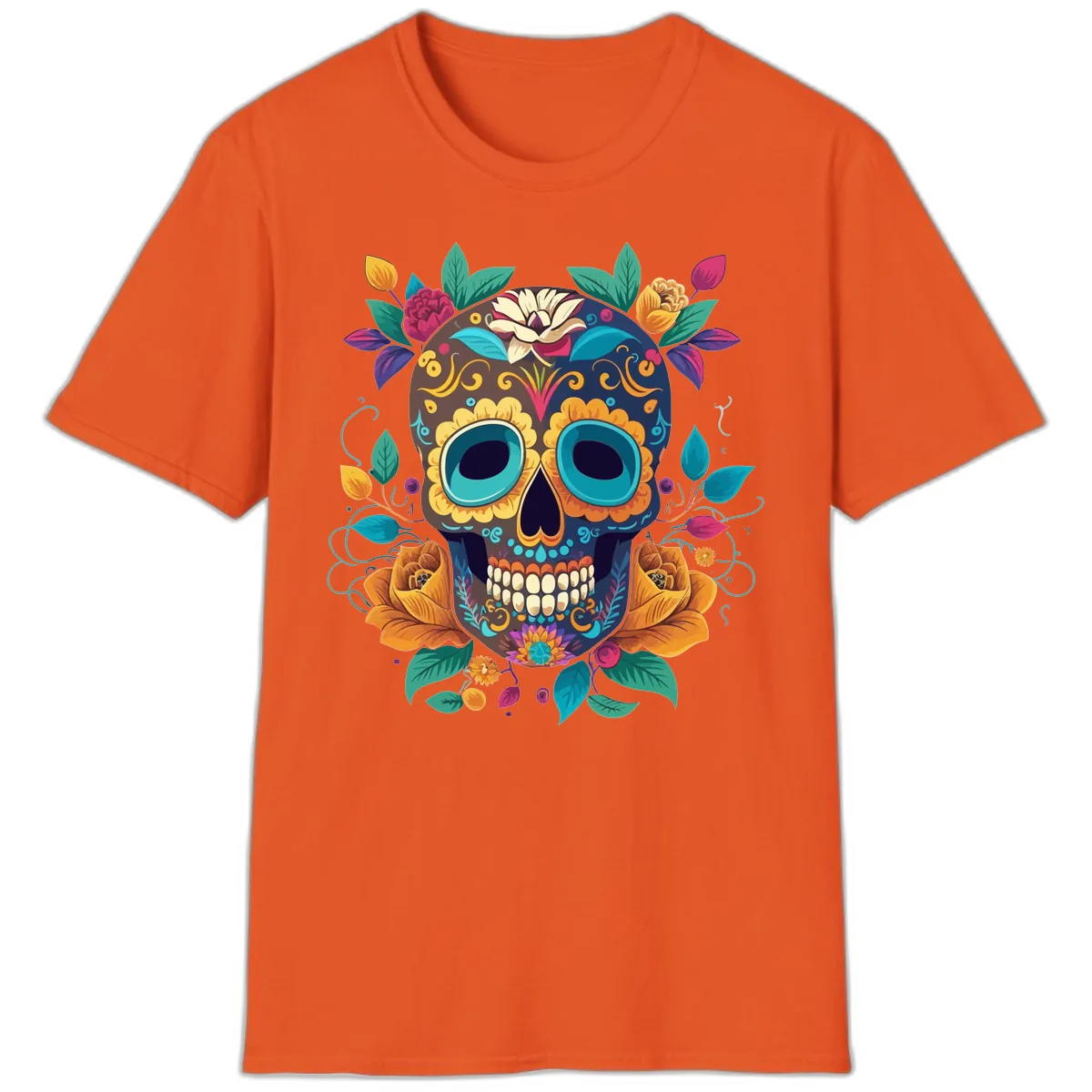 Vibrant Floral Sugar Skull Calavera Art T-Shirt in Orange