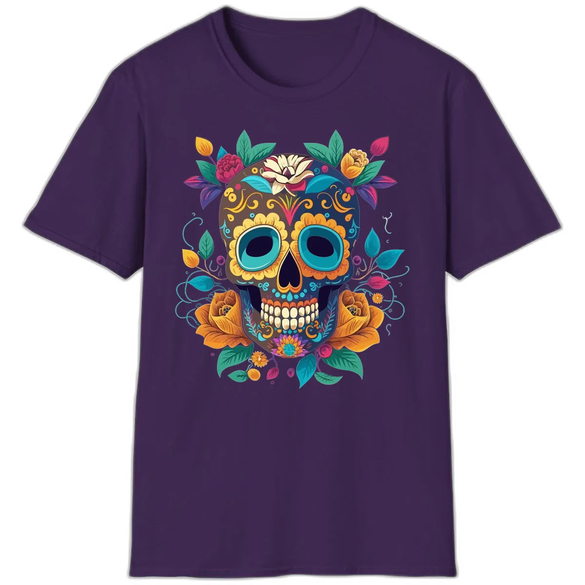 Vibrant Floral Sugar Skull Calavera Art T-Shirt in Purple