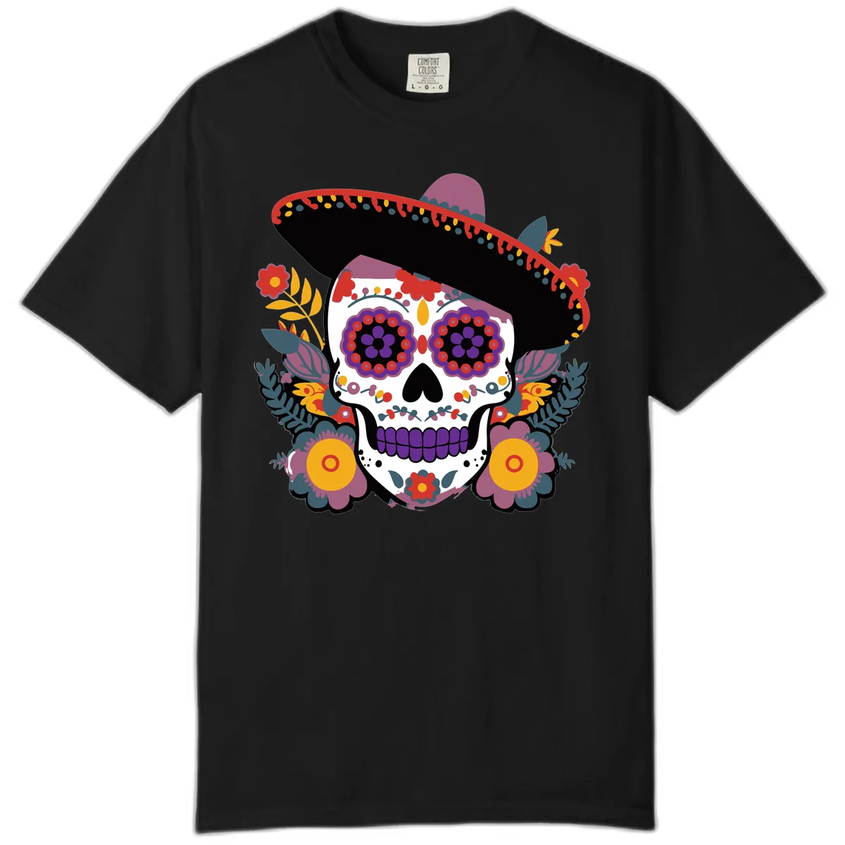 Vibrant Calavera with Sombrero and Marigolds Comfort Color in Black