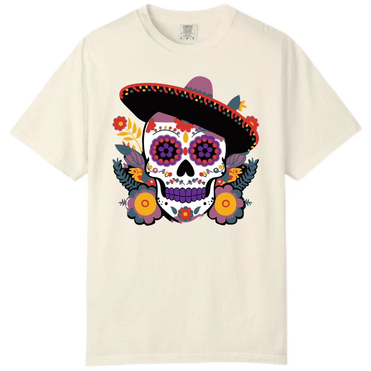 Vibrant Calavera with Sombrero and Marigolds Comfort Color in Ivory