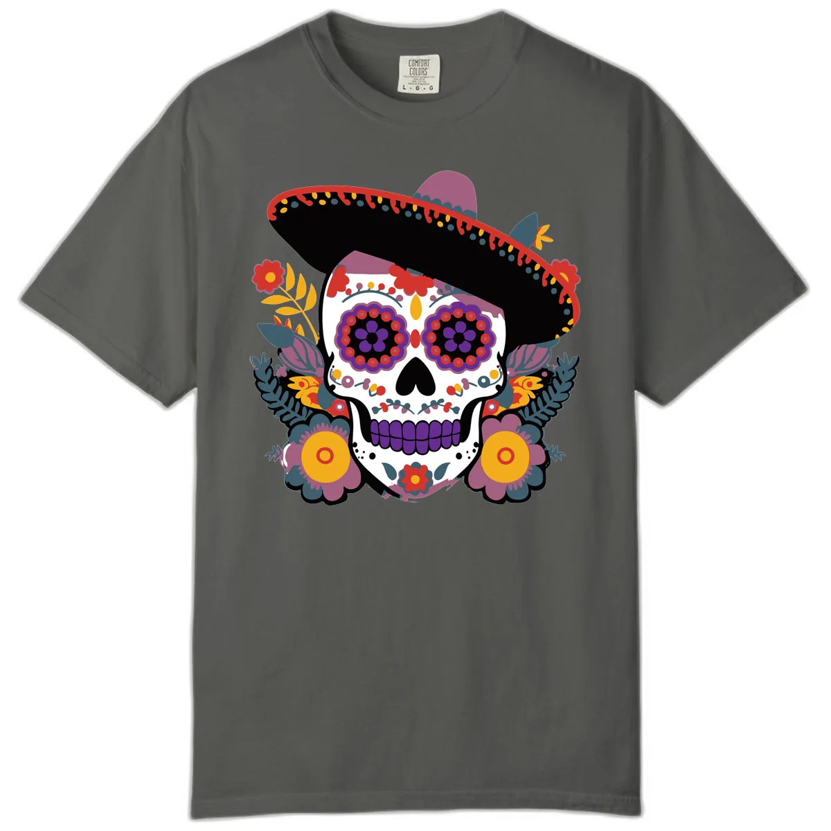 Vibrant Calavera with Sombrero and Marigolds Comfort Color in Pepper