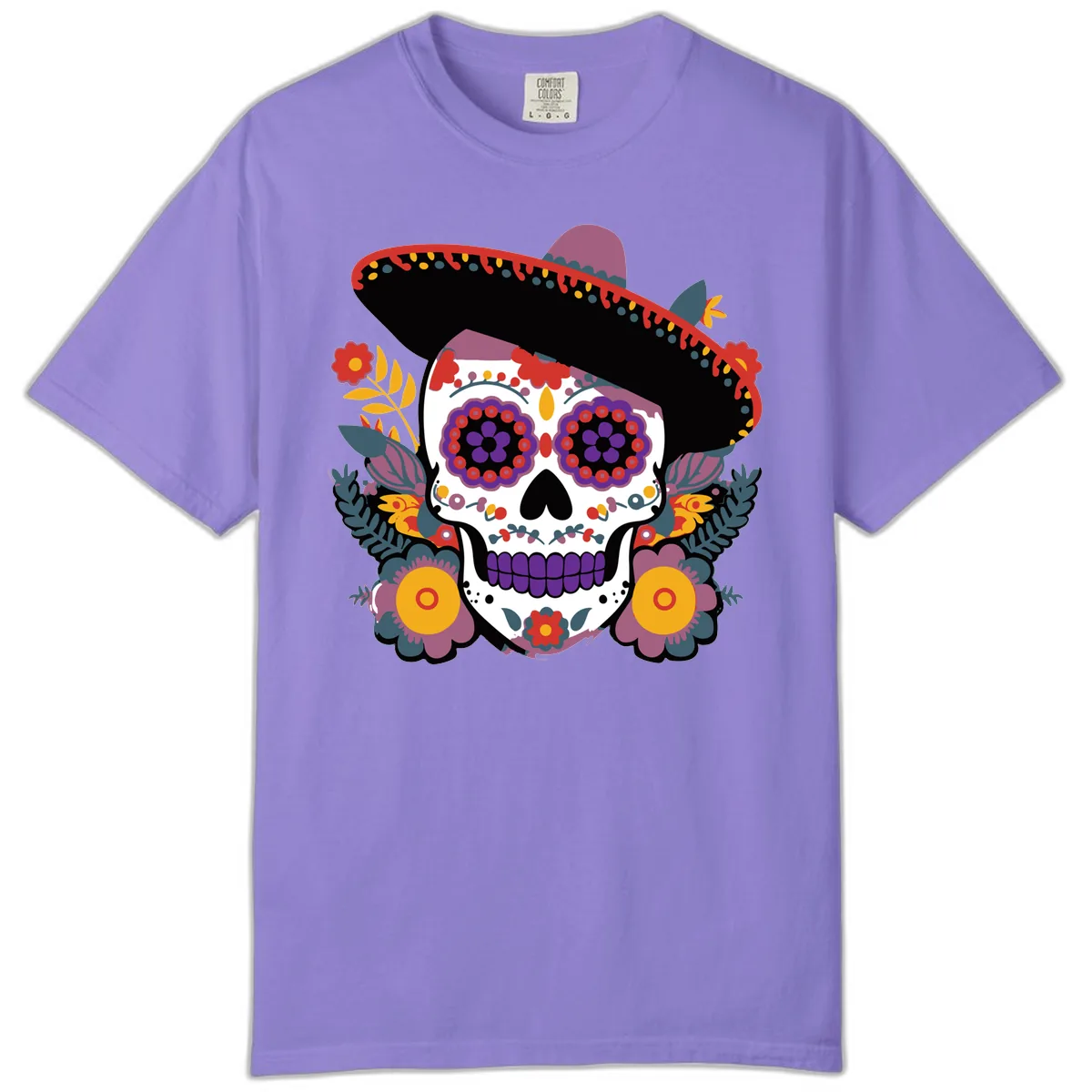 Vibrant Calavera with Sombrero and Marigolds Comfort Color in Violet