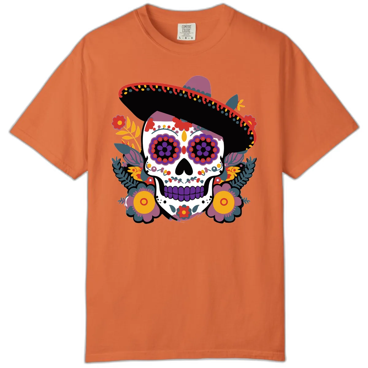Vibrant Calavera with Sombrero and Marigolds Comfort Color in Burnt Orange