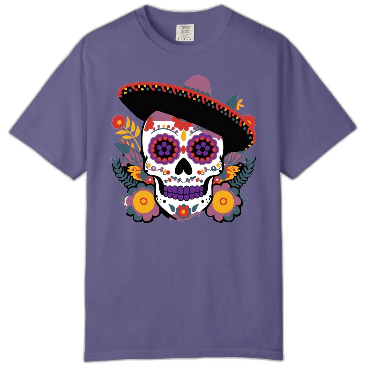 Vibrant Calavera with Sombrero and Marigolds Comfort Color in Grape