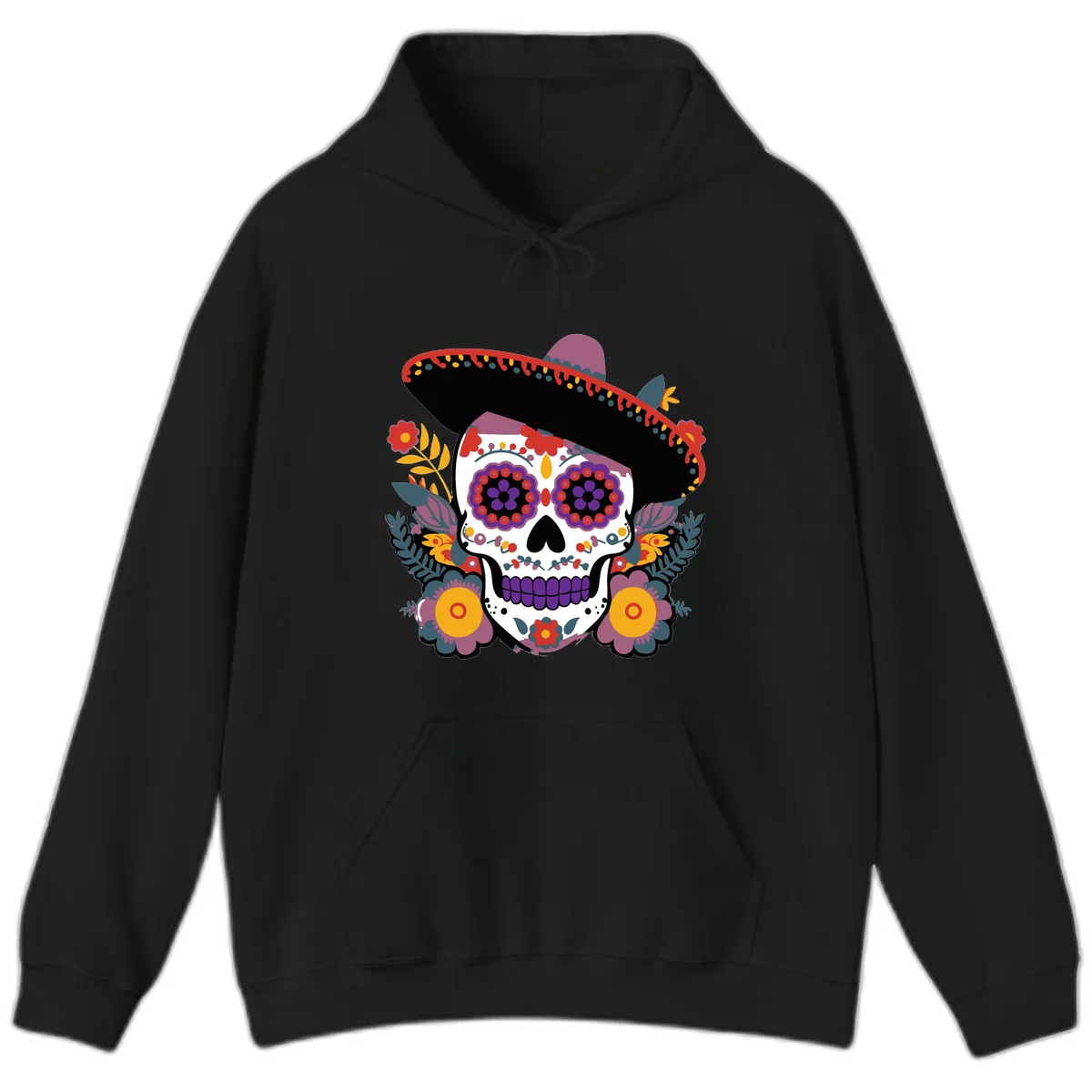 Vibrant Calavera with Sombrero and Marigolds Hoodie in Black