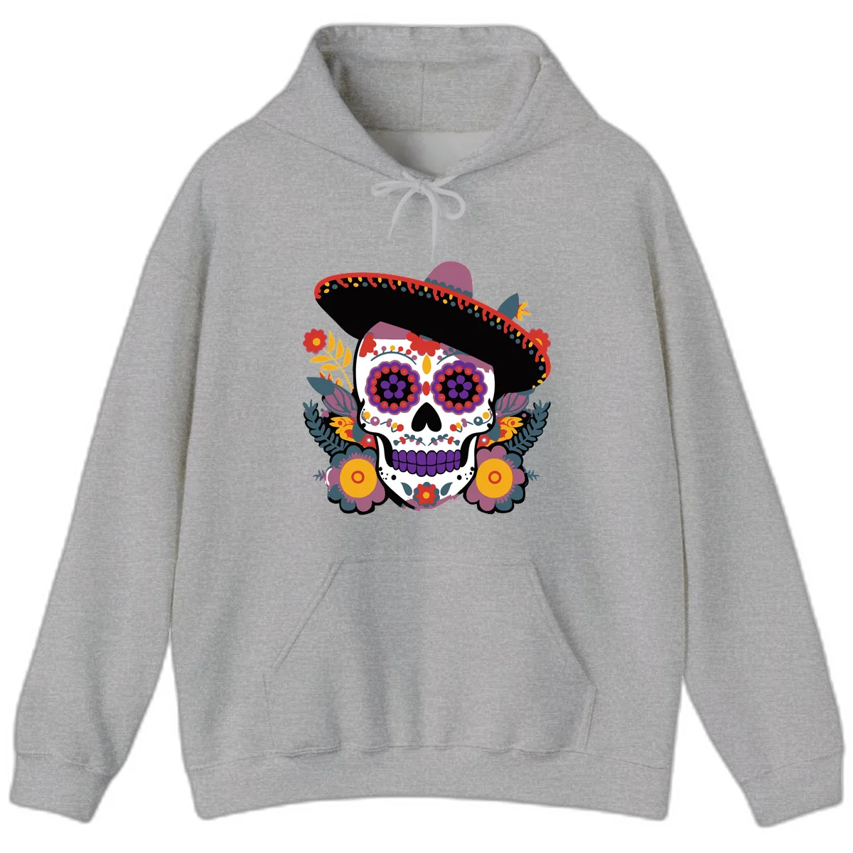 Vibrant Calavera with Sombrero and Marigolds Hoodie in Sport Grey