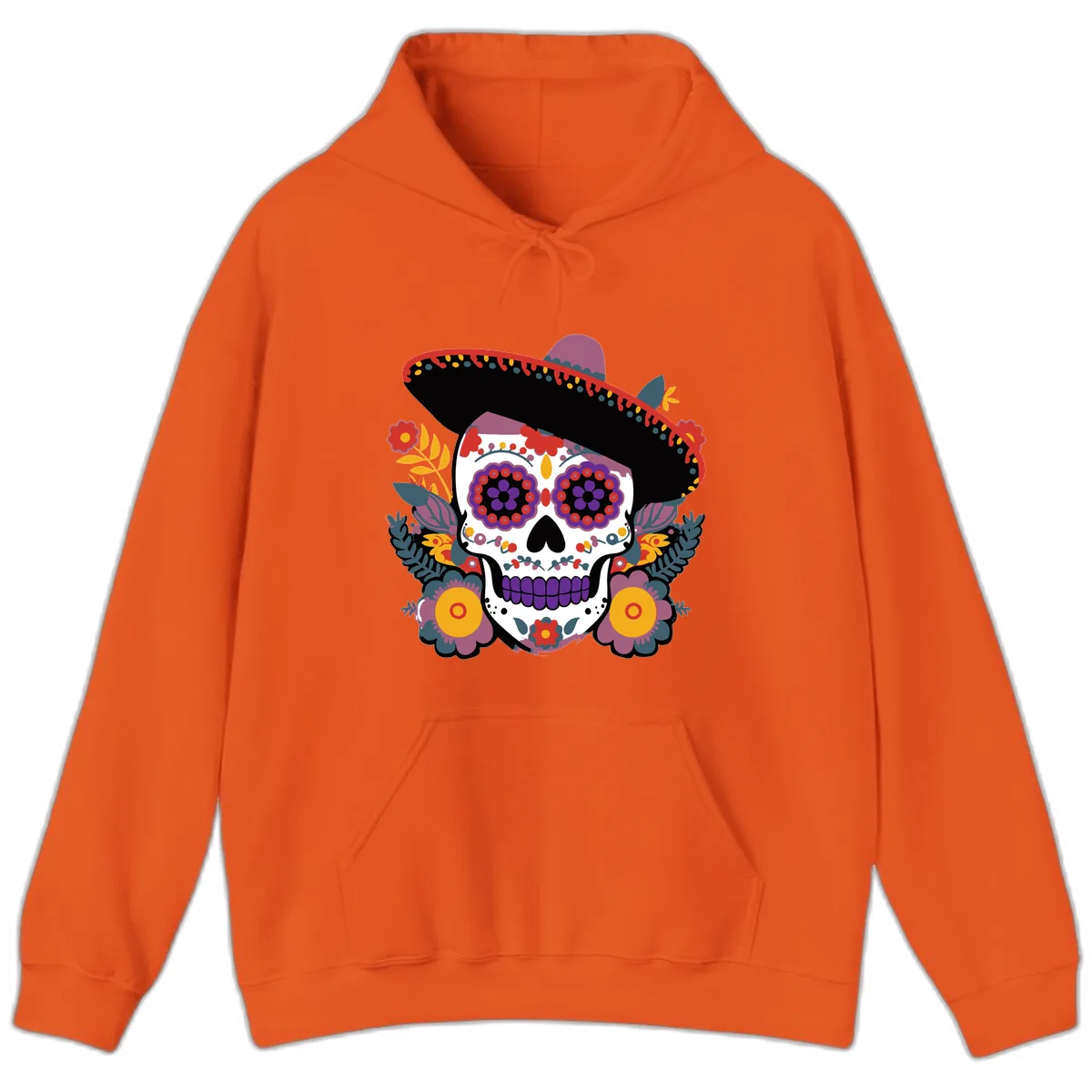 Vibrant Calavera with Sombrero and Marigolds Hoodie in Orange