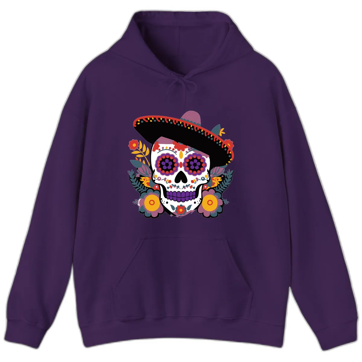 Vibrant Calavera with Sombrero and Marigolds Hoodie in Purple