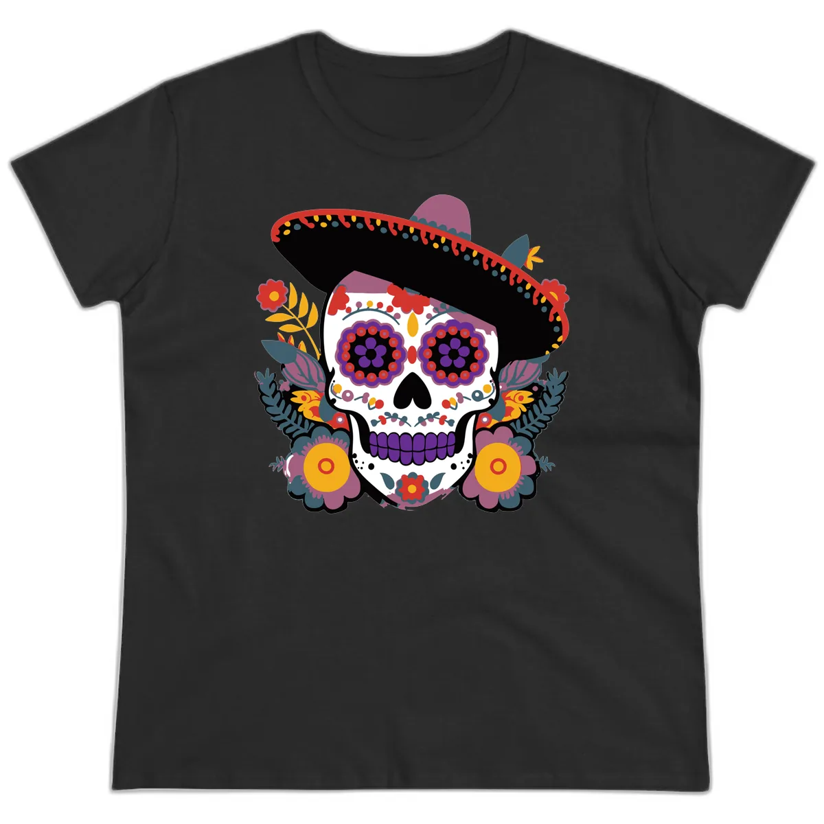 Vibrant Calavera with Sombrero and Marigolds Ladies Tee in Black