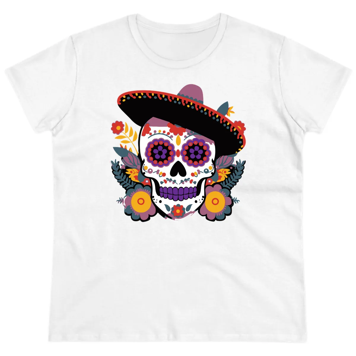 Vibrant Calavera with Sombrero and Marigolds Ladies Tee in White