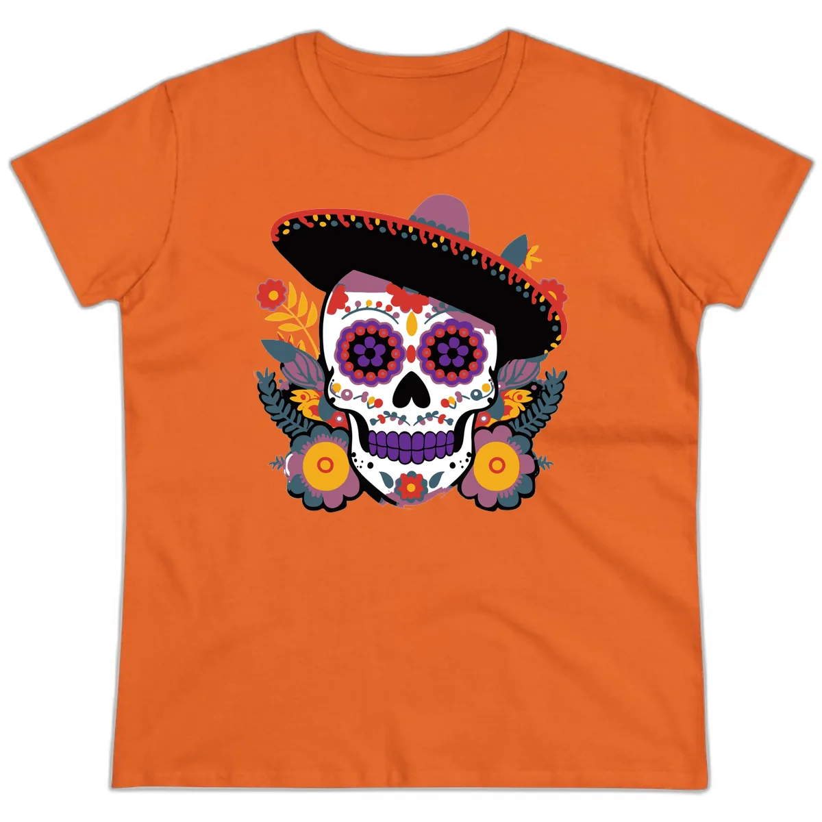 Vibrant Calavera with Sombrero and Marigolds Ladies Tee in Orange