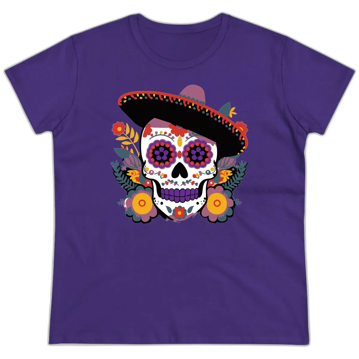 Vibrant Calavera with Sombrero and Marigolds Ladies Tee in Purple