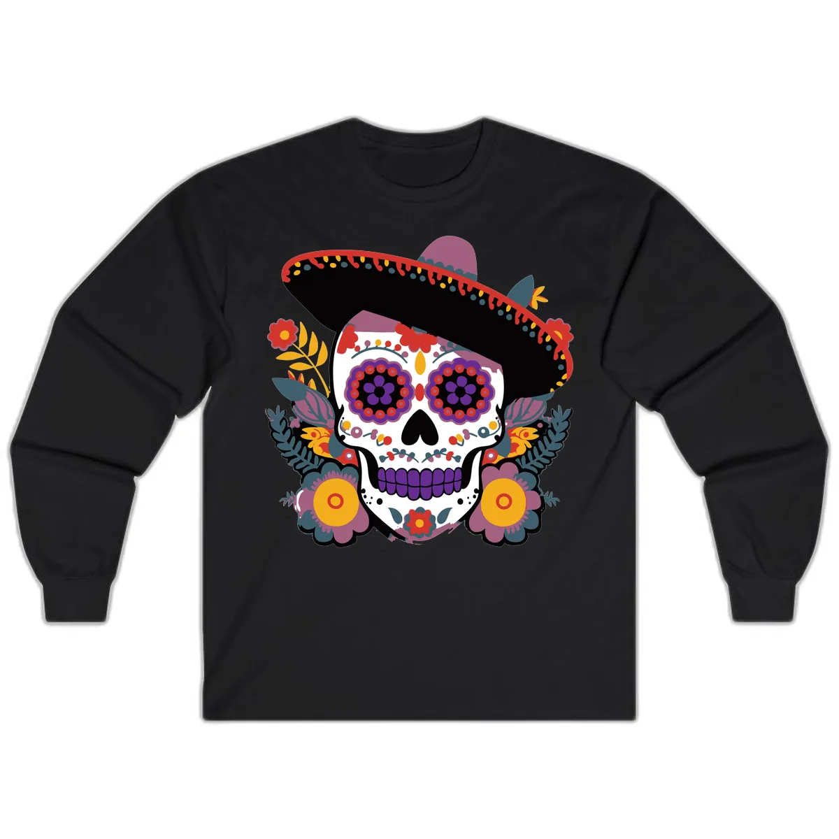 Vibrant Calavera with Sombrero and Marigolds Long Sleeve in Black
