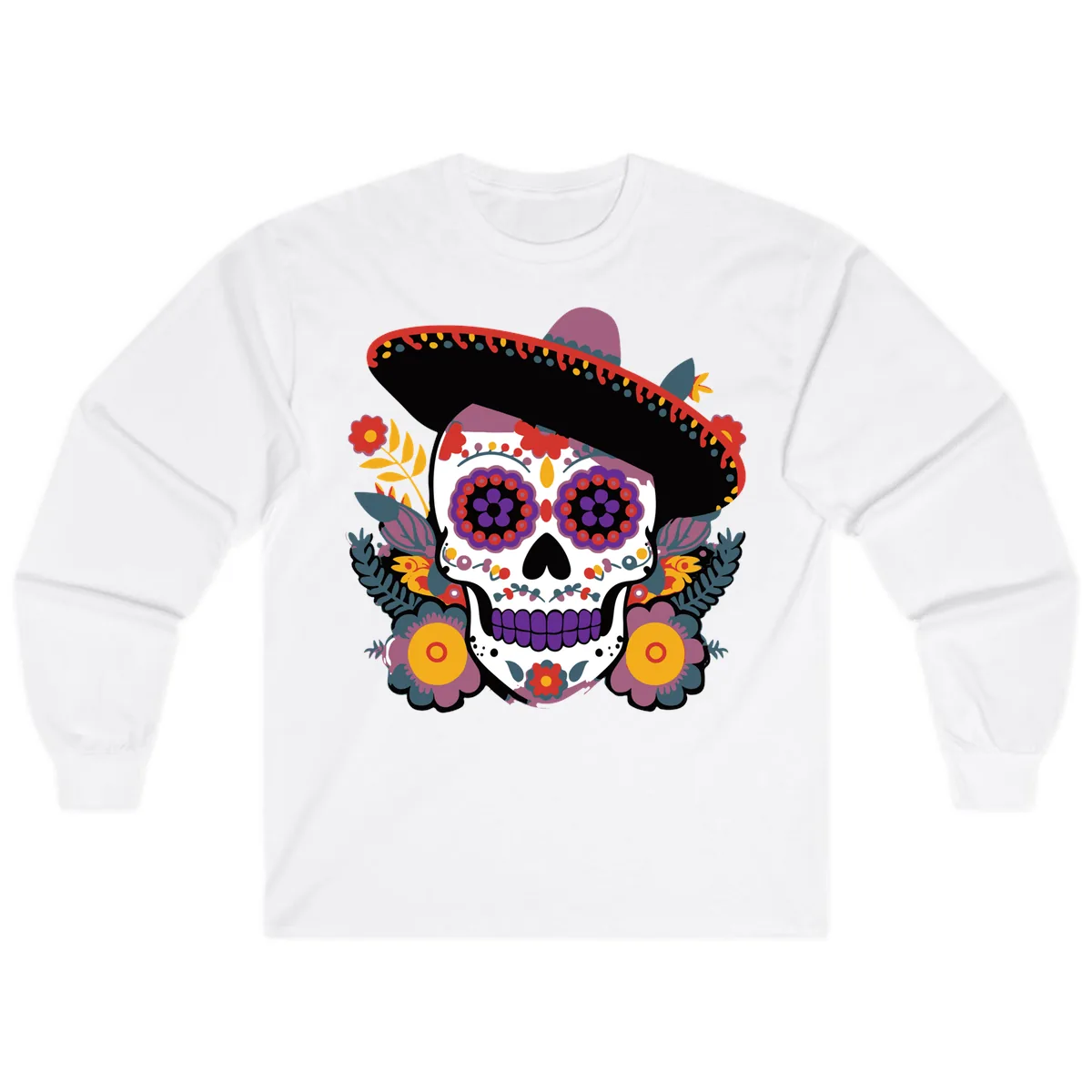Vibrant Calavera with Sombrero and Marigolds Long Sleeve in White