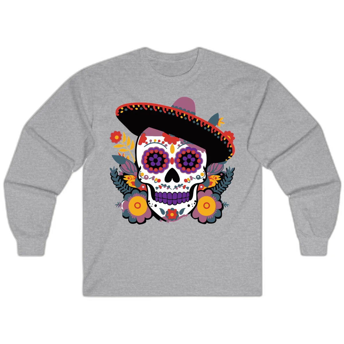 Vibrant Calavera with Sombrero and Marigolds Long Sleeve in Sport Grey