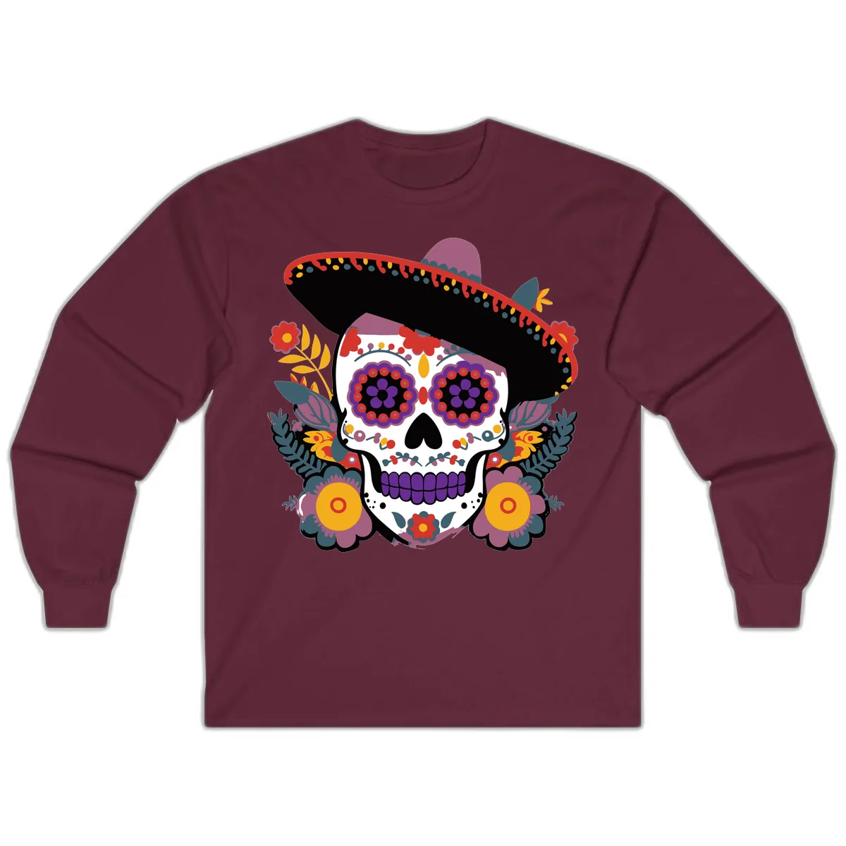 Vibrant Calavera with Sombrero and Marigolds Long Sleeve in Maroon