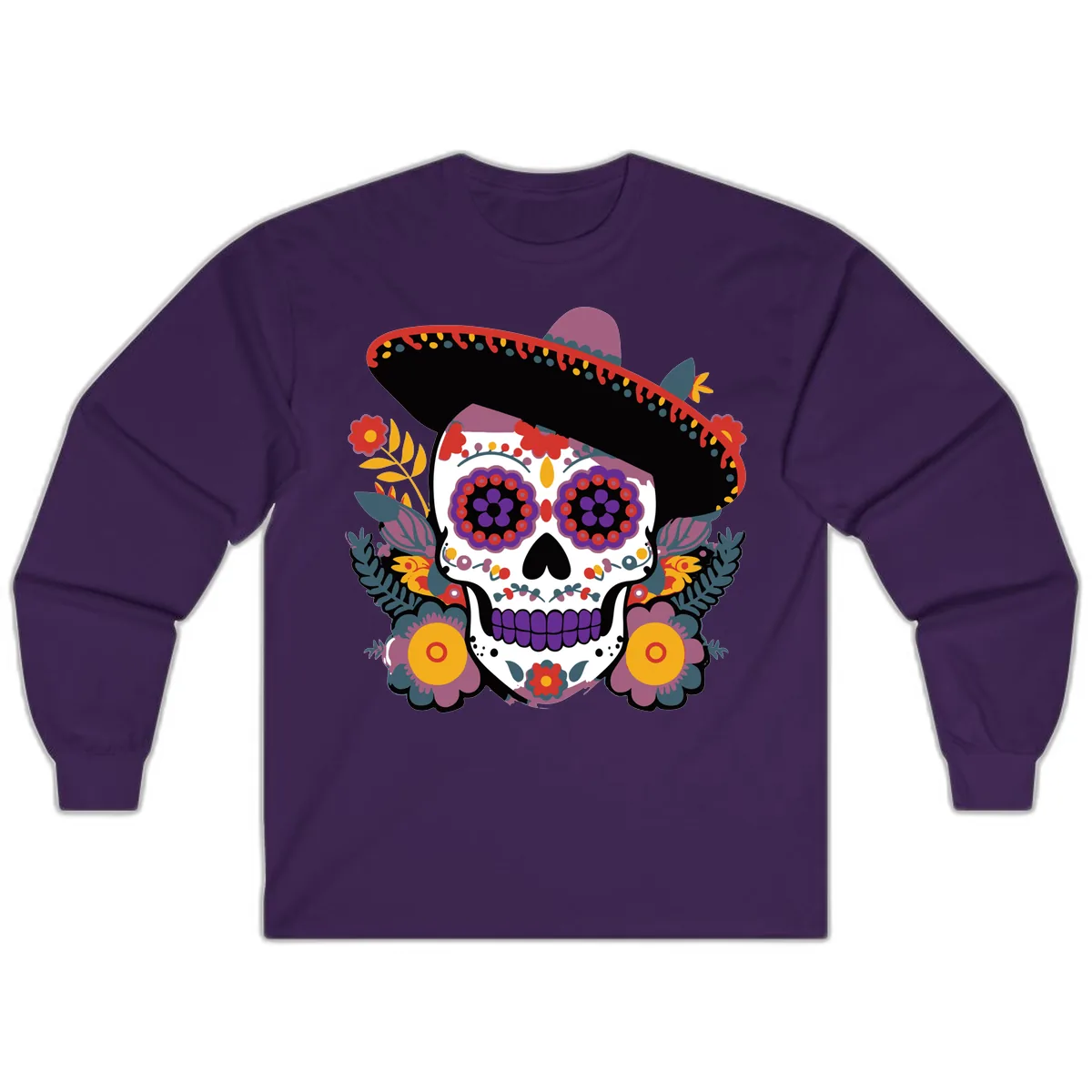 Vibrant Calavera with Sombrero and Marigolds Long Sleeve in Purple