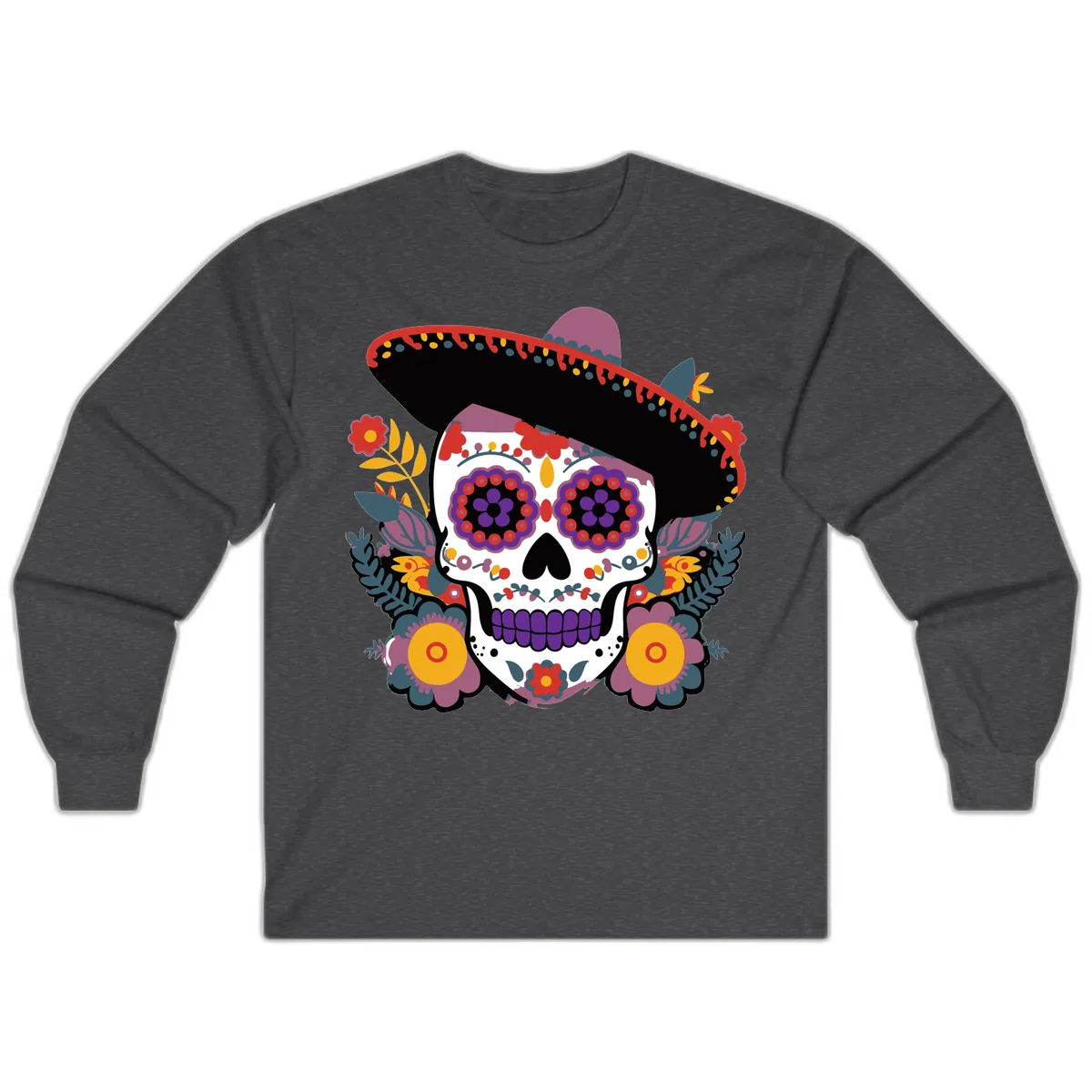 Vibrant Calavera with Sombrero and Marigolds Long Sleeve in Dark Heather