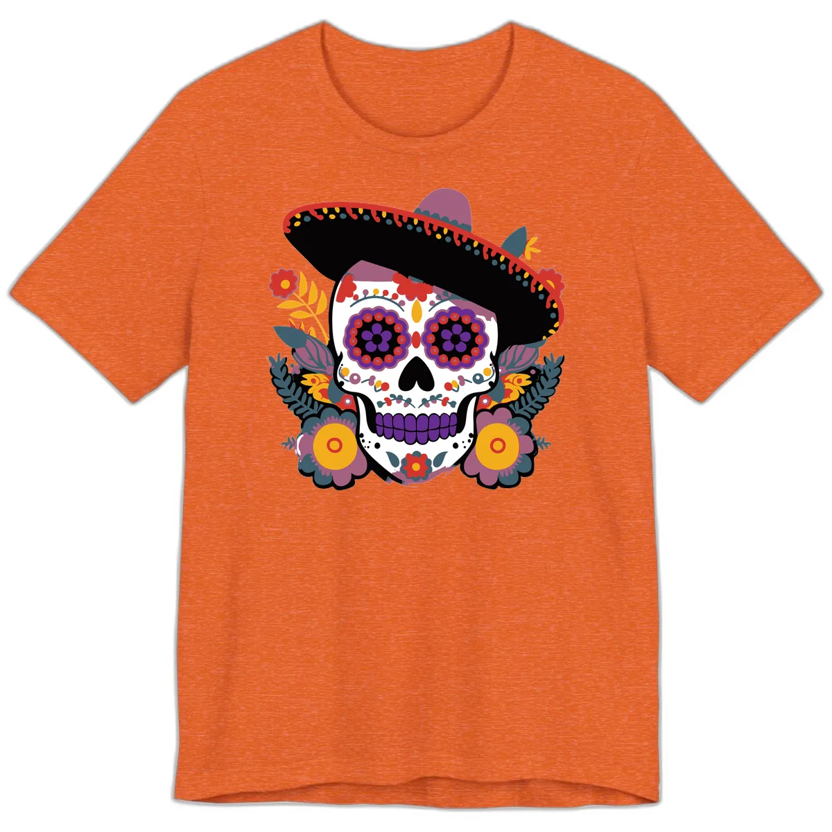 Vibrant Calavera with Sombrero and Marigolds Premium T-Shirt in Heather Orange