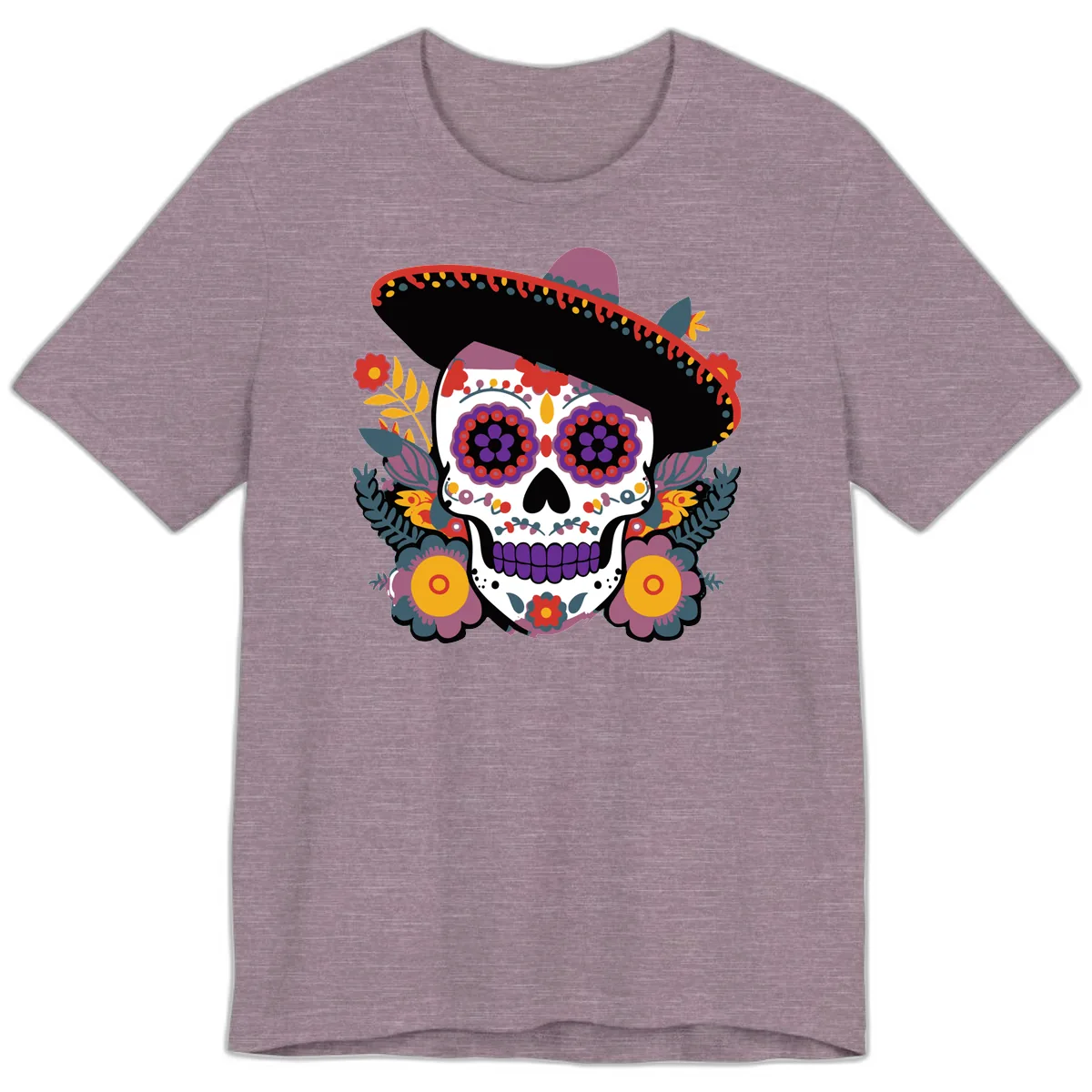 Vibrant Calavera with Sombrero and Marigolds Premium T-Shirt in Heather Purple