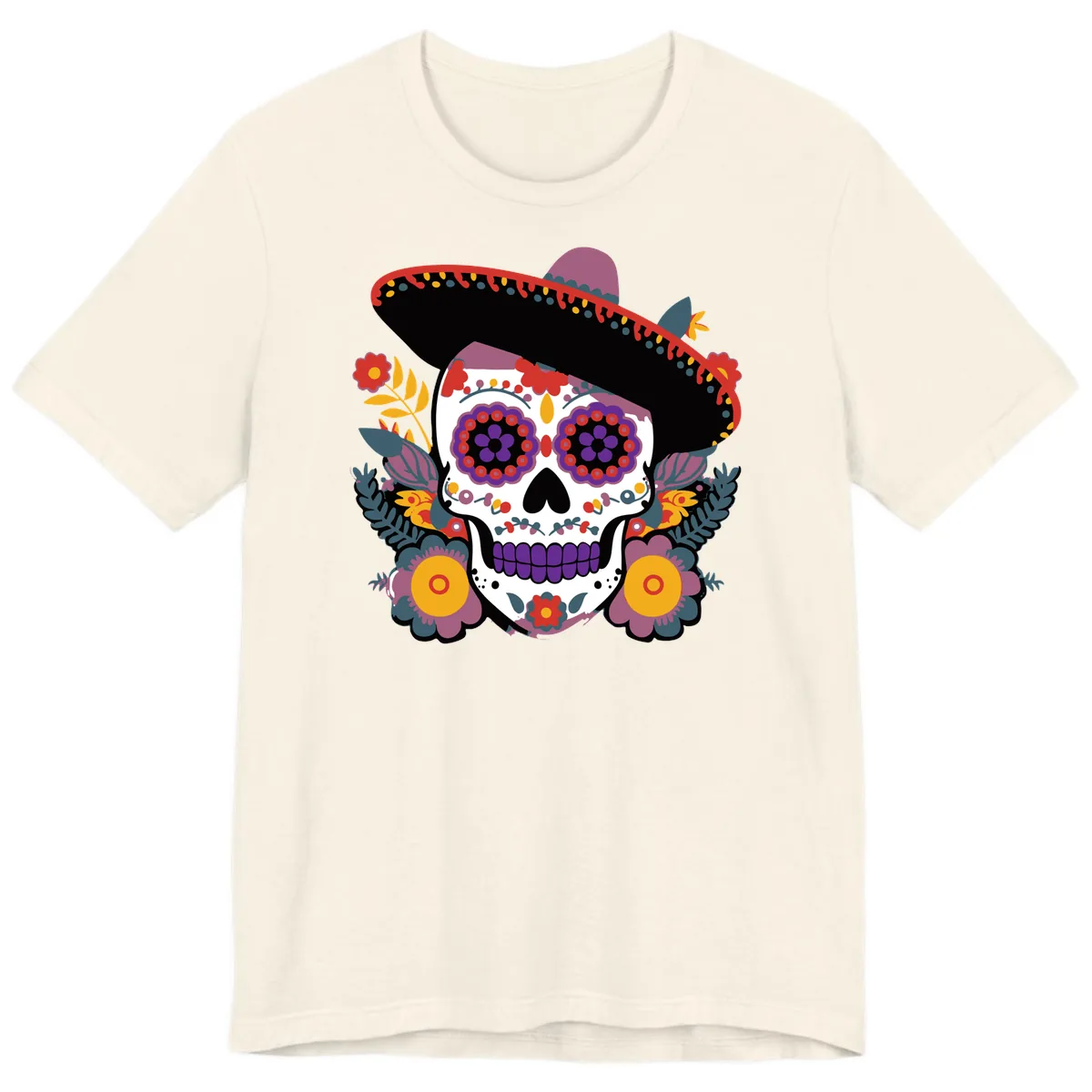Vibrant Calavera with Sombrero and Marigolds Premium T-Shirt in Natural