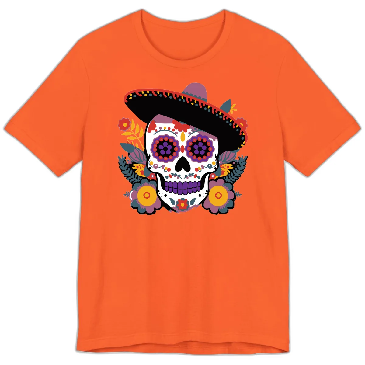 Vibrant Calavera with Sombrero and Marigolds Premium T-Shirt in Orange