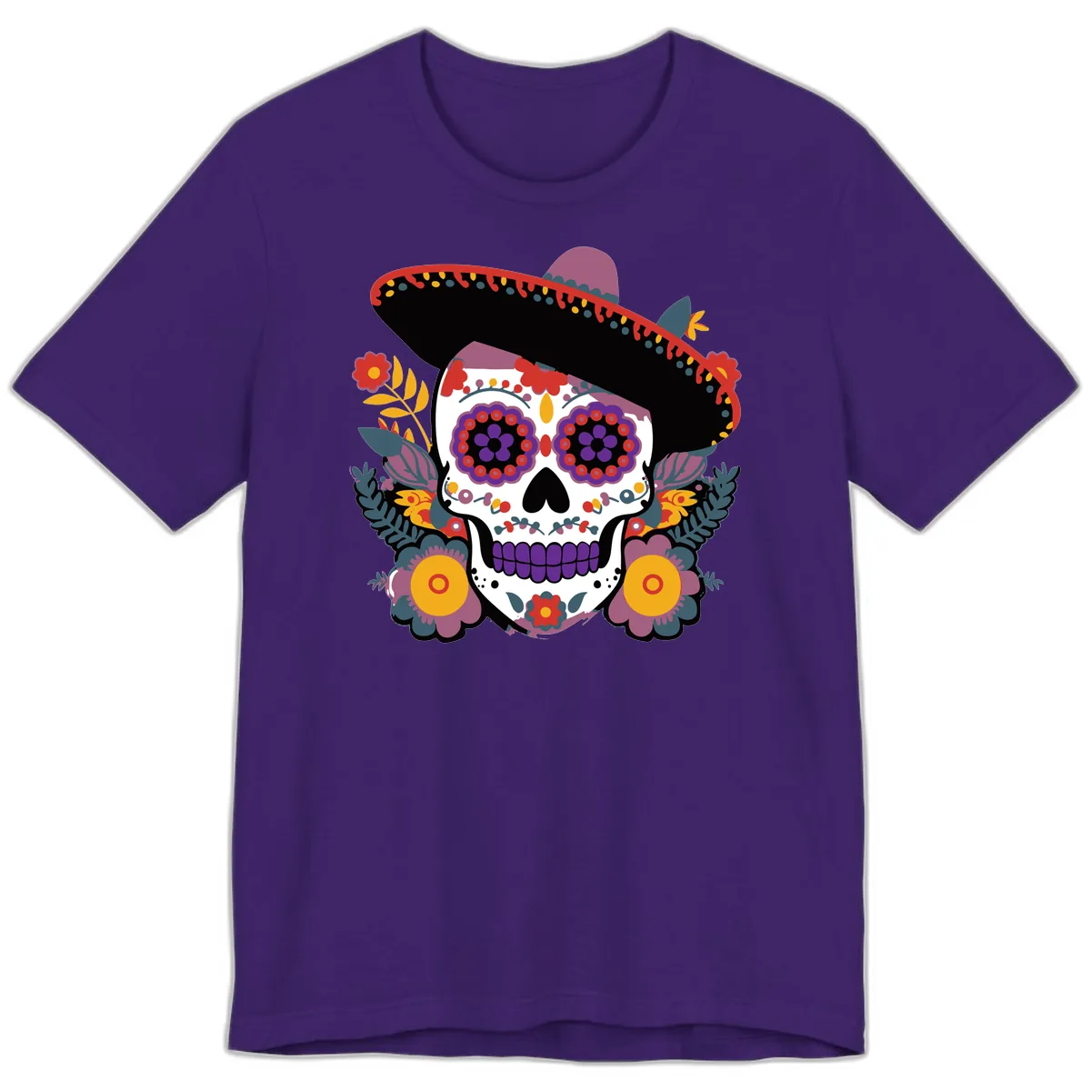 Vibrant Calavera with Sombrero and Marigolds Premium T-Shirt in Team Purple