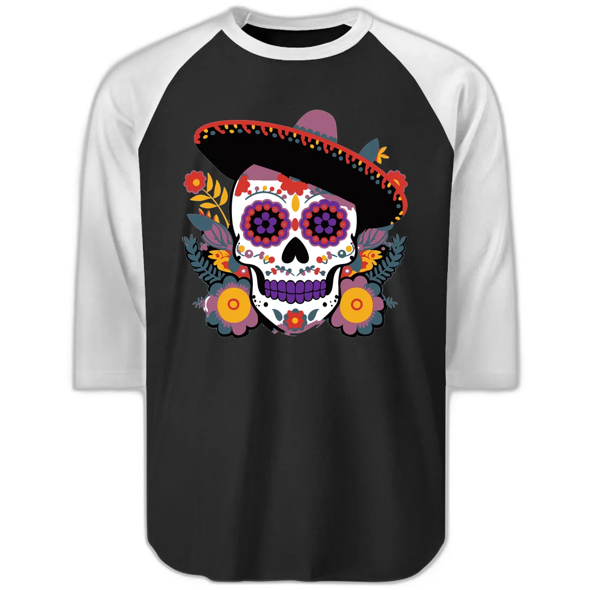 Vibrant Calavera with Sombrero and Marigolds Raglan 3/4 in Black White
