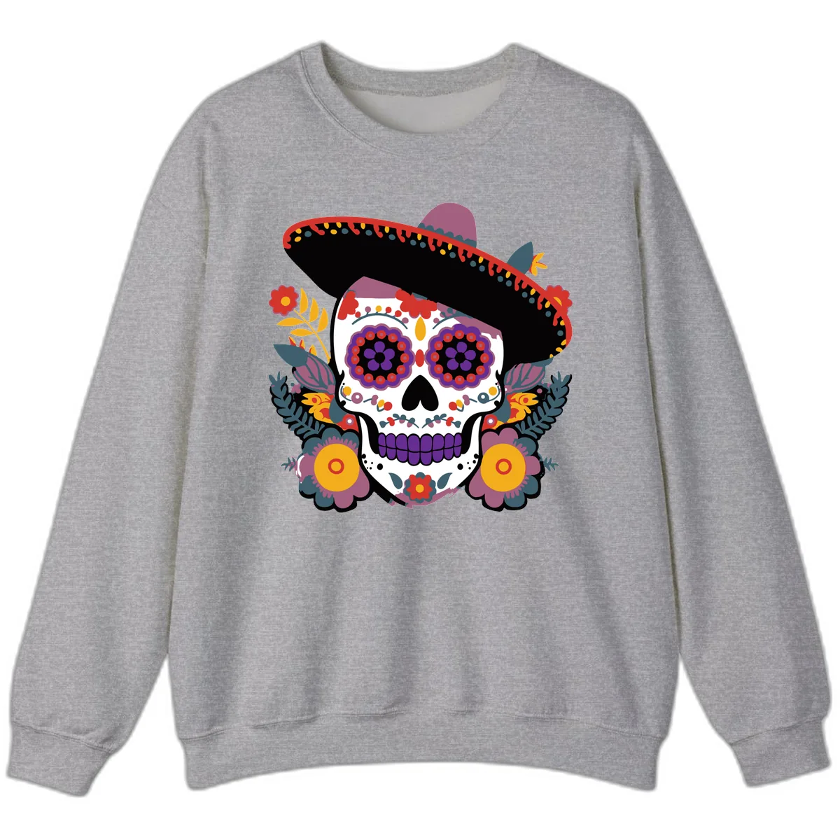 Vibrant Calavera with Sombrero and Marigolds Sweatshirt in Sport Grey