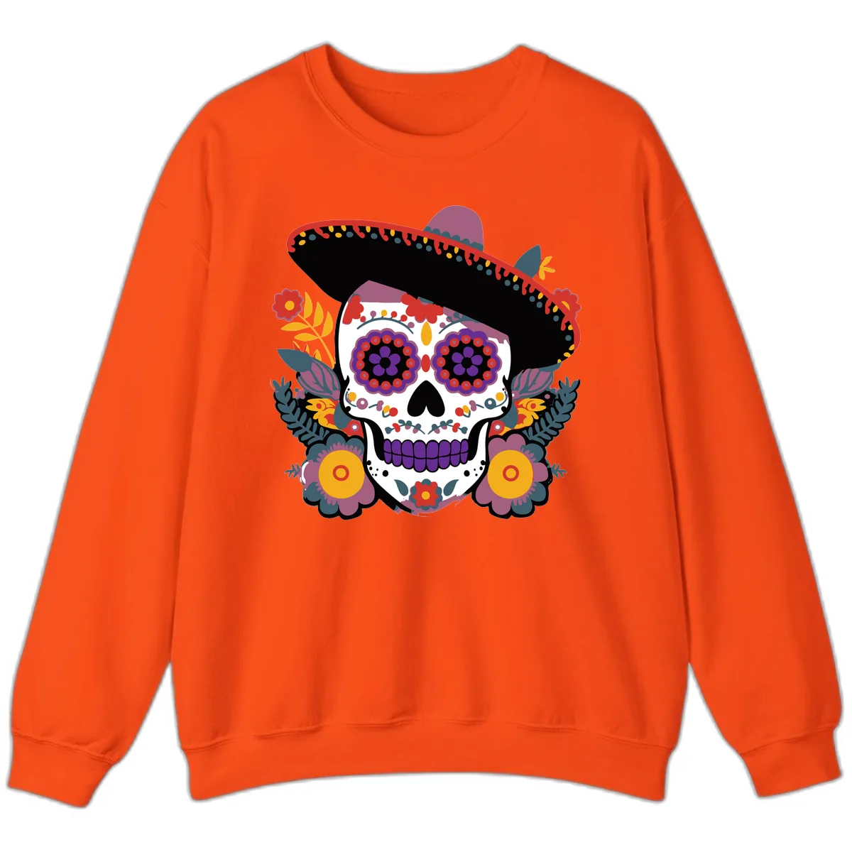 Vibrant Calavera with Sombrero and Marigolds Sweatshirt in Orange