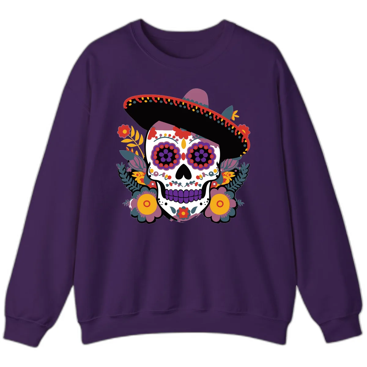 Vibrant Calavera with Sombrero and Marigolds Sweatshirt in Purple