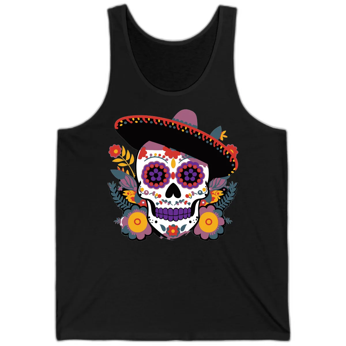Vibrant Calavera with Sombrero and Marigolds Tank in Black