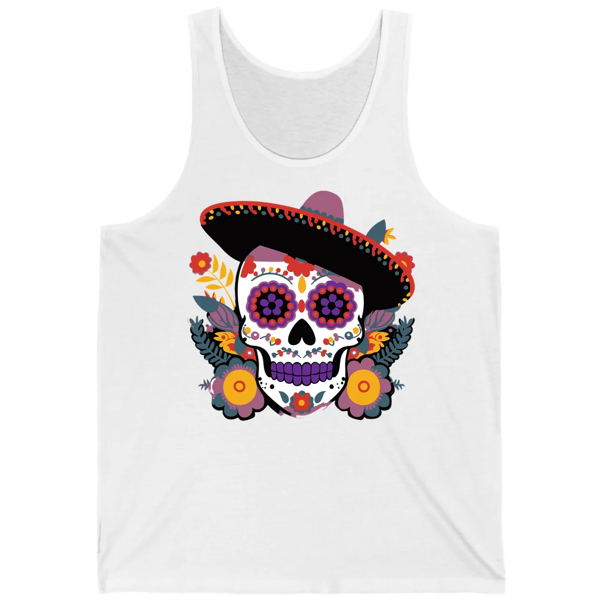 Vibrant Calavera with Sombrero and Marigolds Tank in White