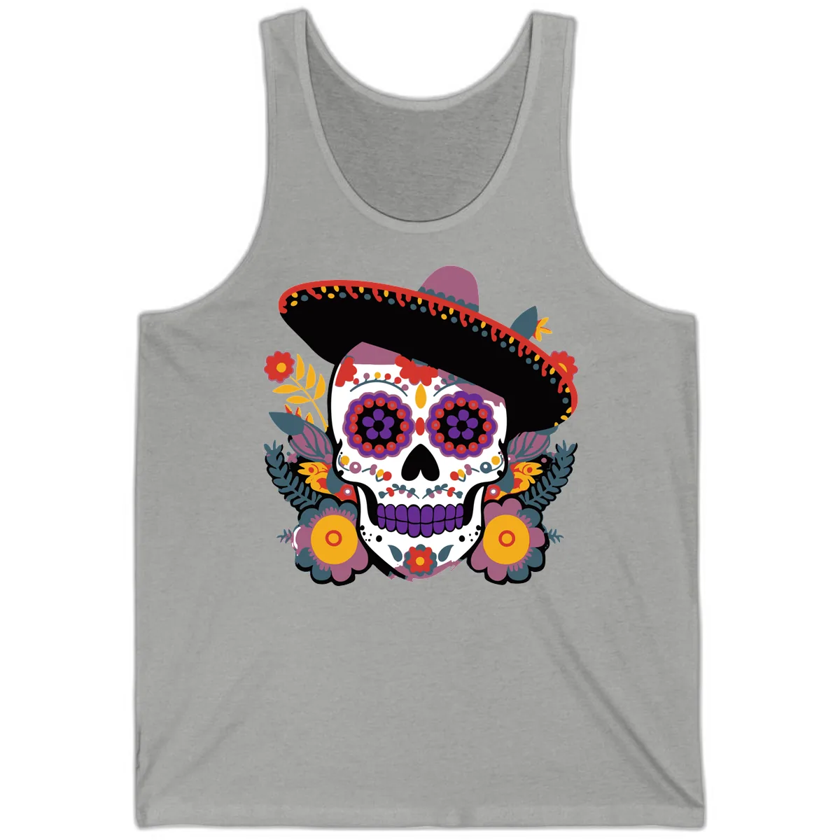 Vibrant Calavera with Sombrero and Marigolds Tank in Athletic Heather
