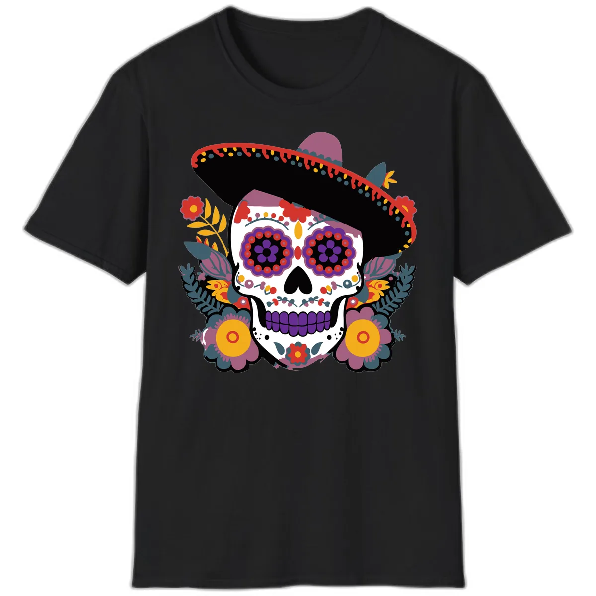 Vibrant Calavera with Sombrero and Marigolds T-Shirt in Black