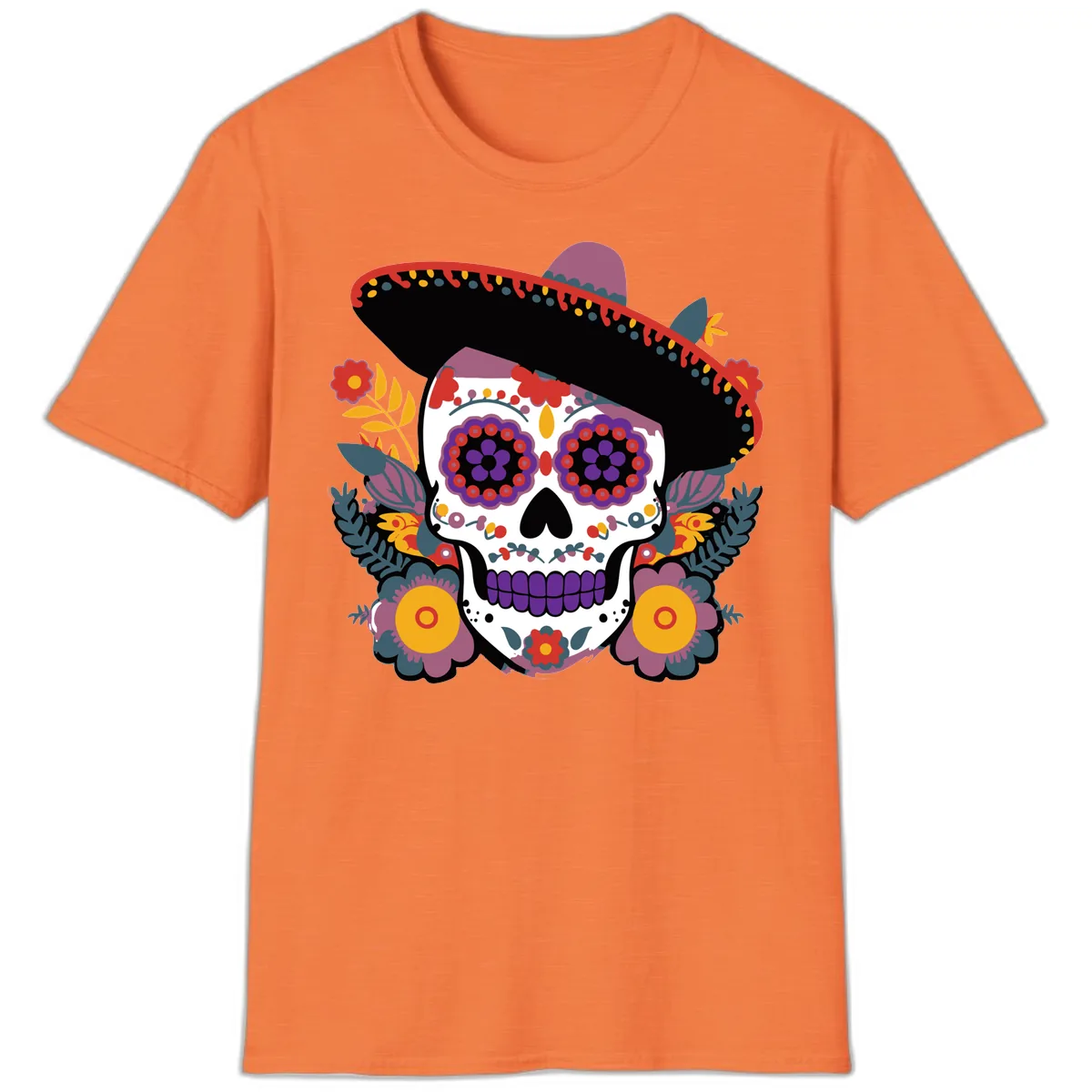 Vibrant Calavera with Sombrero and Marigolds T-Shirt in Heather Orange