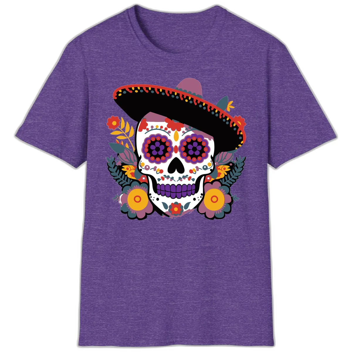 Vibrant Calavera with Sombrero and Marigolds T-Shirt in Heather Purple