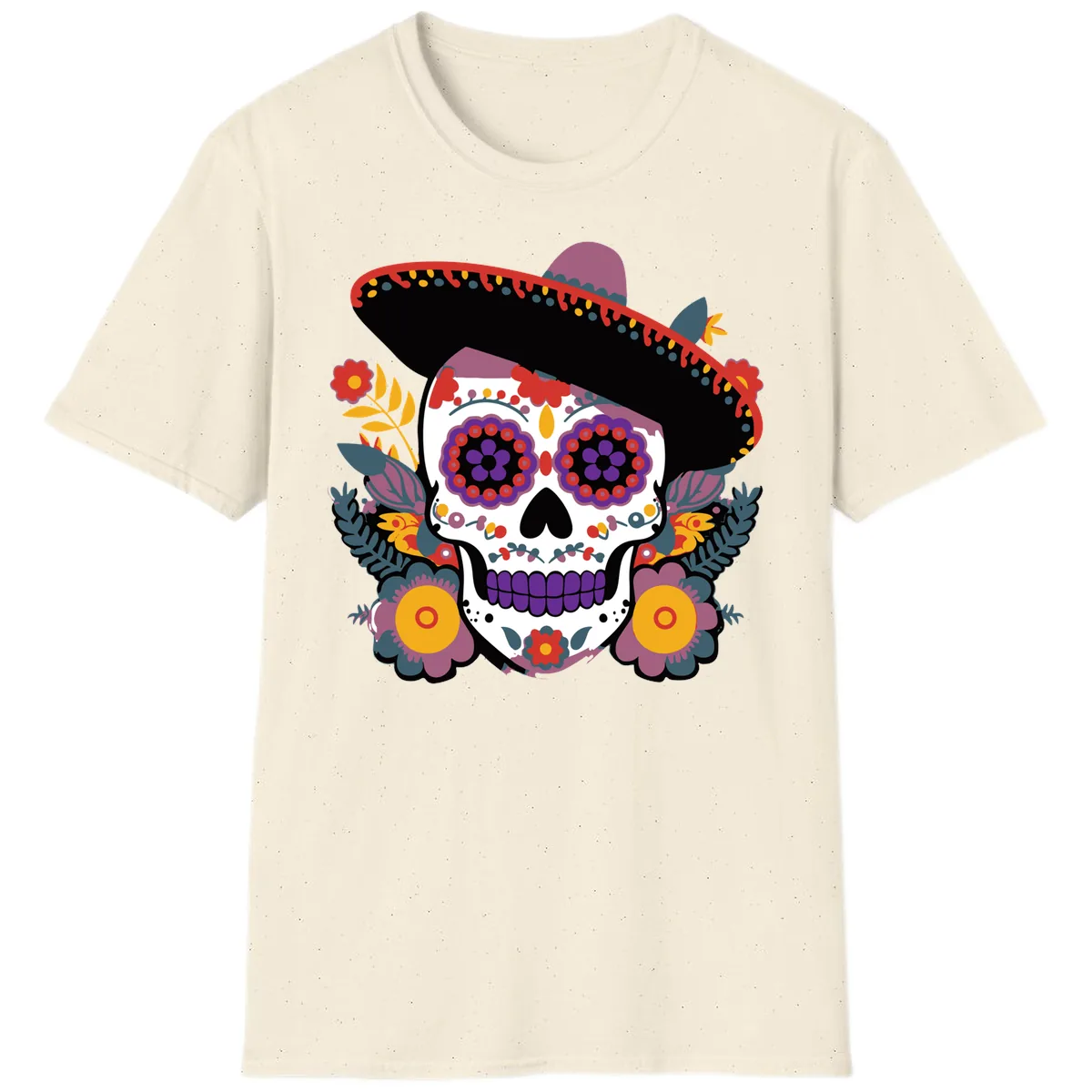 Vibrant Calavera with Sombrero and Marigolds T-Shirt in Natural
