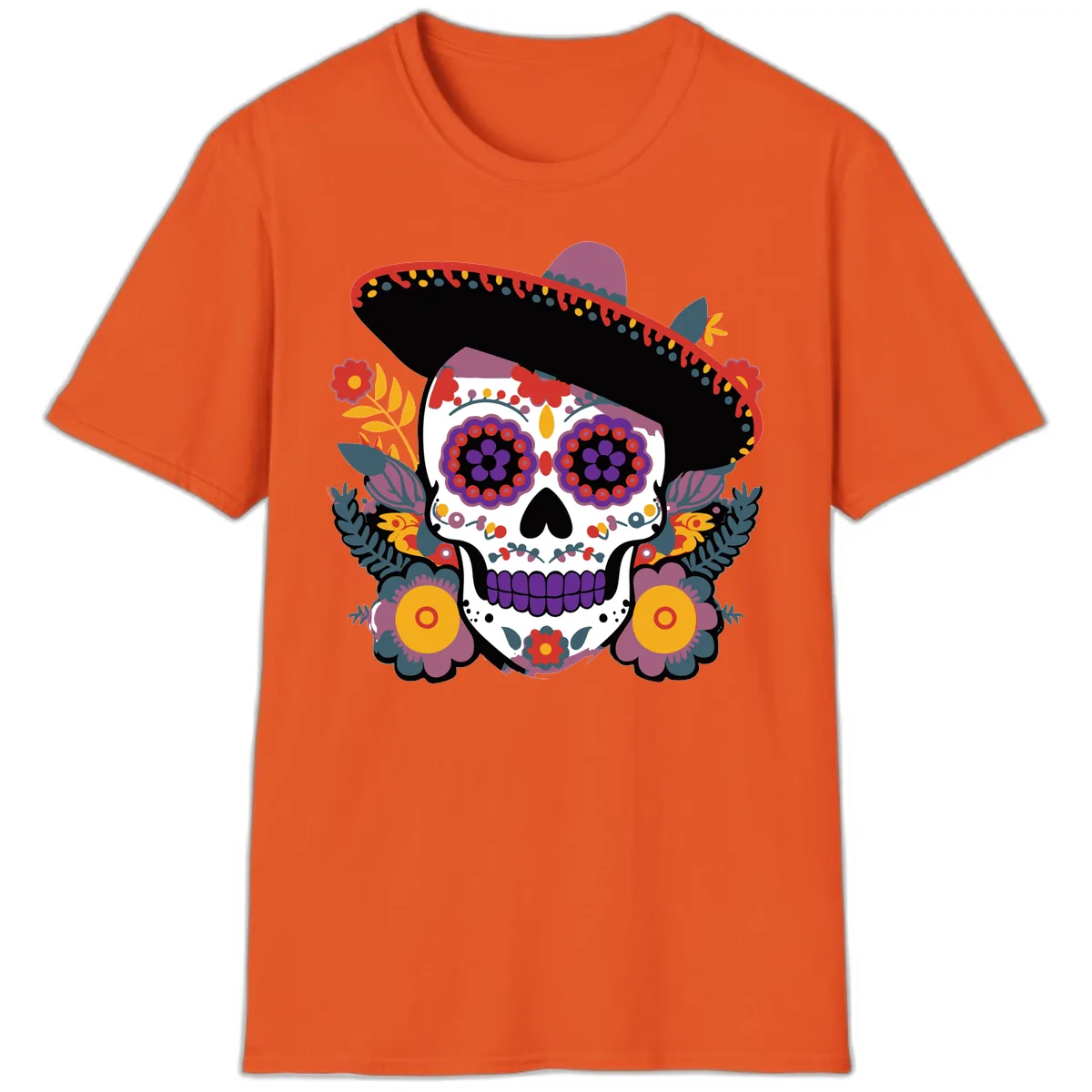 Vibrant Calavera with Sombrero and Marigolds T-Shirt in Orange