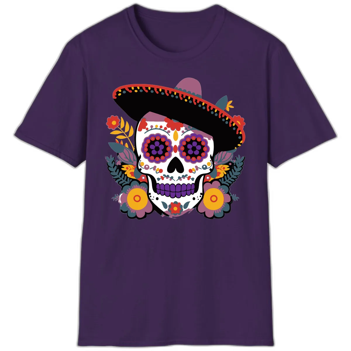 Vibrant Calavera with Sombrero and Marigolds T-Shirt in Purple