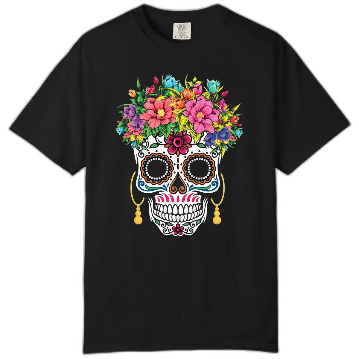 Vibrant Calavera Skull with Blooming Flower Crown Comfort Color in Black