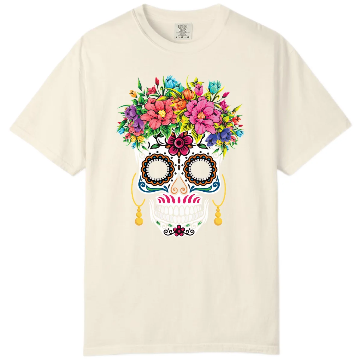 Vibrant Calavera Skull with Blooming Flower Crown Comfort Color in Ivory