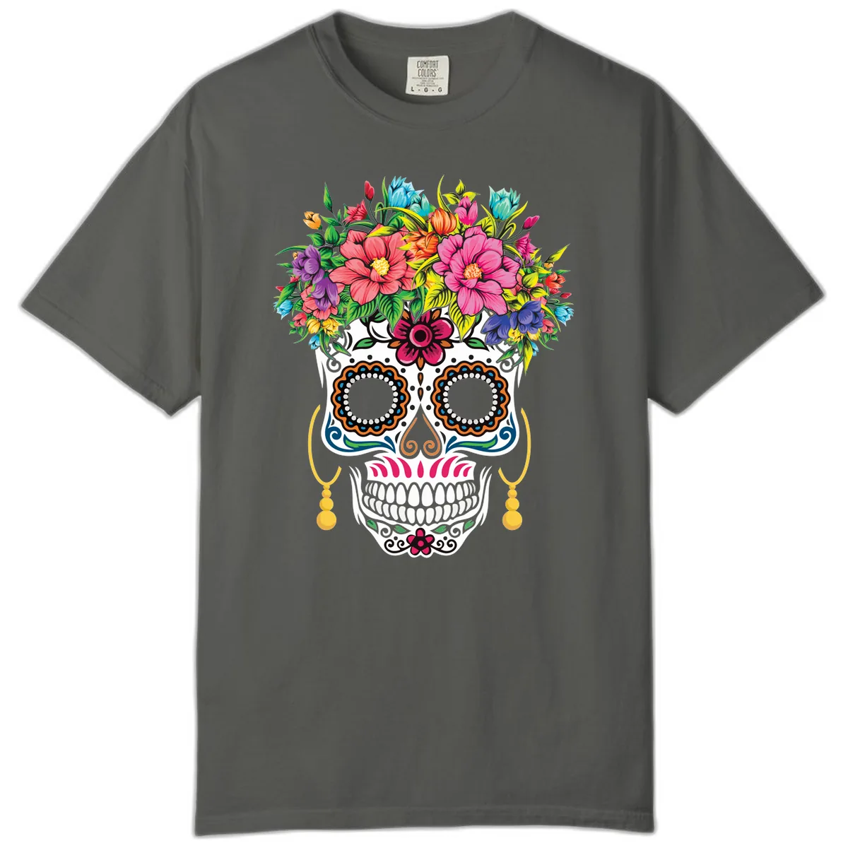 Vibrant Calavera Skull with Blooming Flower Crown Comfort Color in Pepper