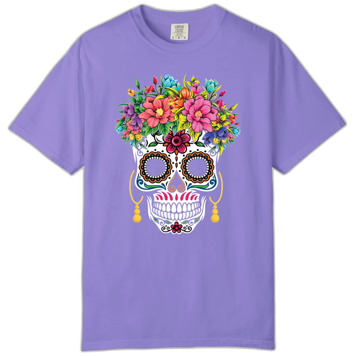 Vibrant Calavera Skull with Blooming Flower Crown Comfort Color in Violet