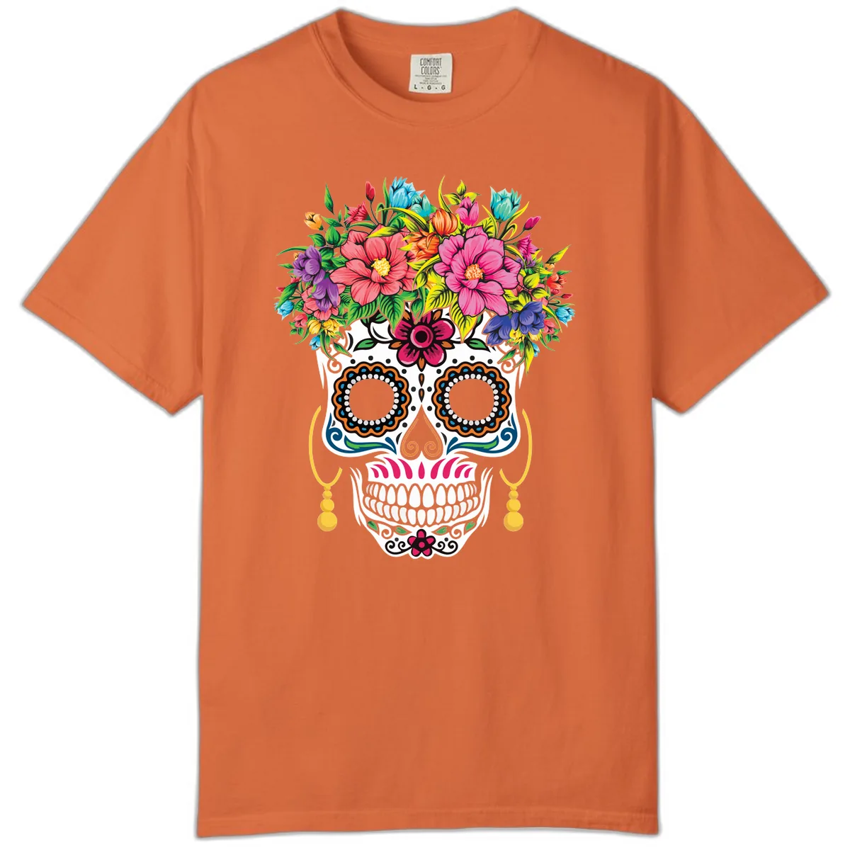 Vibrant Calavera Skull with Blooming Flower Crown Comfort Color in Burnt Orange