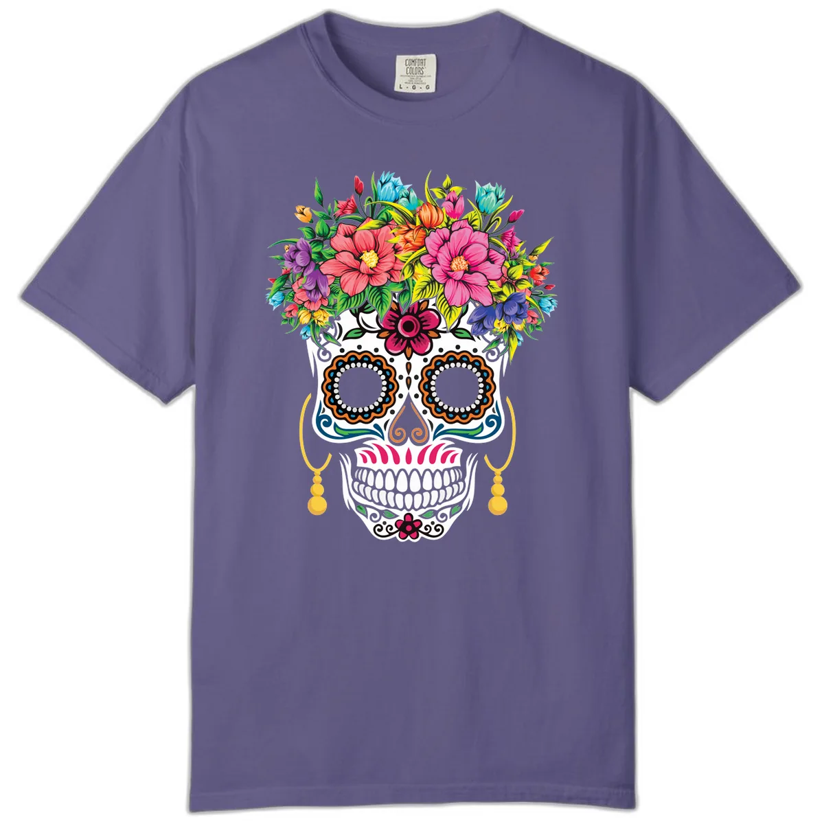 Vibrant Calavera Skull with Blooming Flower Crown Comfort Color in Grape