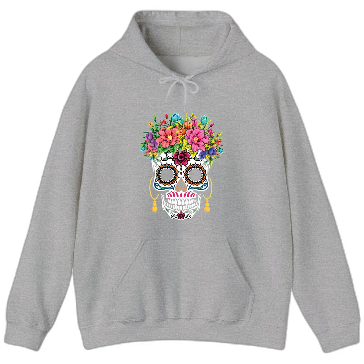Vibrant Calavera Skull with Blooming Flower Crown Hoodie in Sport Grey