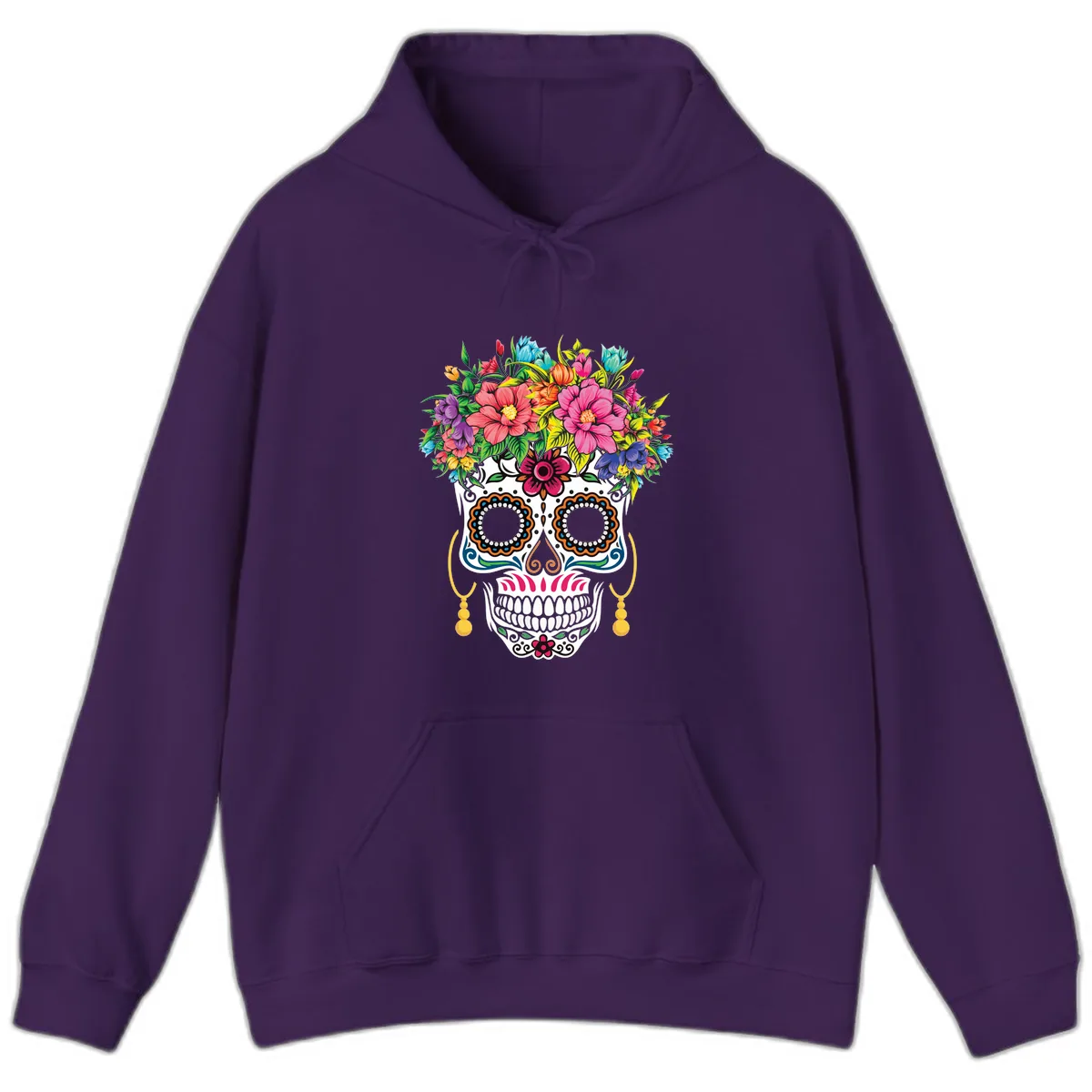 Vibrant Calavera Skull with Blooming Flower Crown Hoodie in Purple
