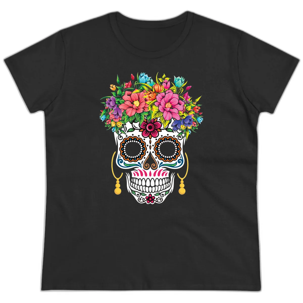 Vibrant Calavera Skull with Blooming Flower Crown Ladies Tee in Black